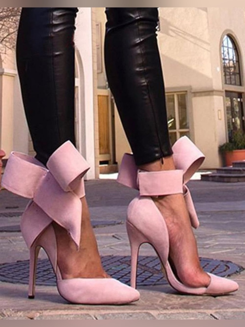 Bow-Accented Pink Suede Stiletto Heels with Ankle Strap